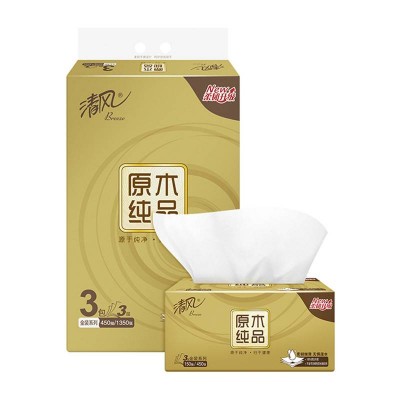 清风原木纯品金装软抽纸3层150抽*3包图1